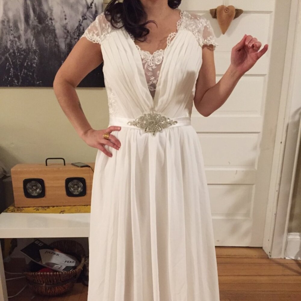High-Neck Lace Wedding Dress with Cap Sleeves – New